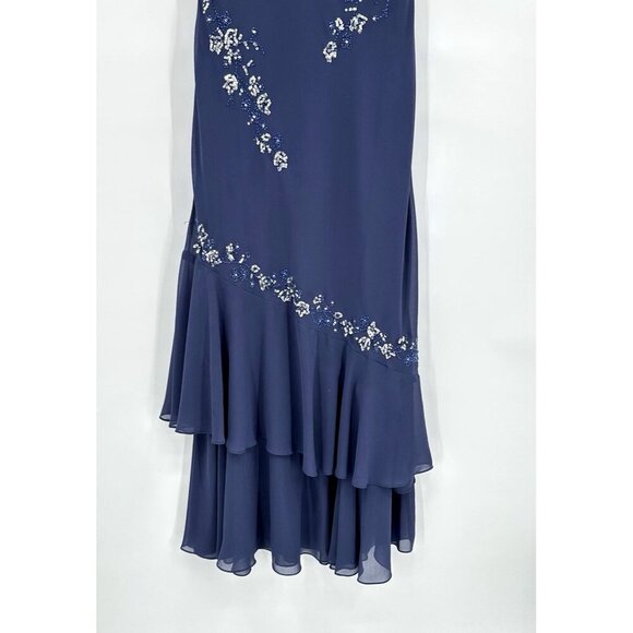 vintage 90s Y2K midi dress ruffle beaded sleeveless cowl neck 40s retro blue 6 - Picture 5 of 10